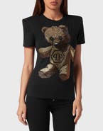 PHILIPP PLEIN Padded Shoulder Sleeveless T-Shirt Sexy Pure Fit With Crystals Teddy Bear Women