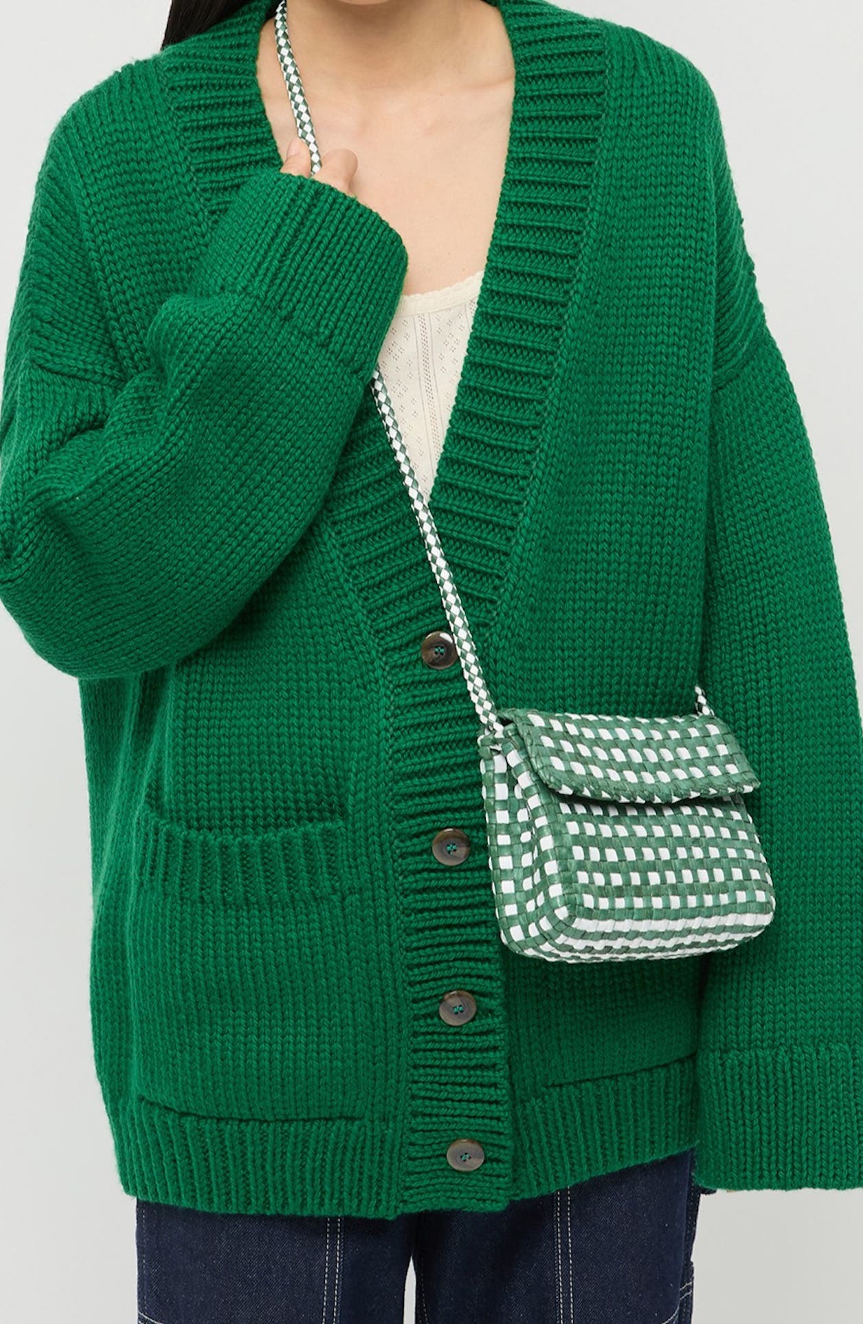 Loeffler Randall Vinnie Woven Leather Crossbody Bag, Alternate, color, Bright Emerald/ White