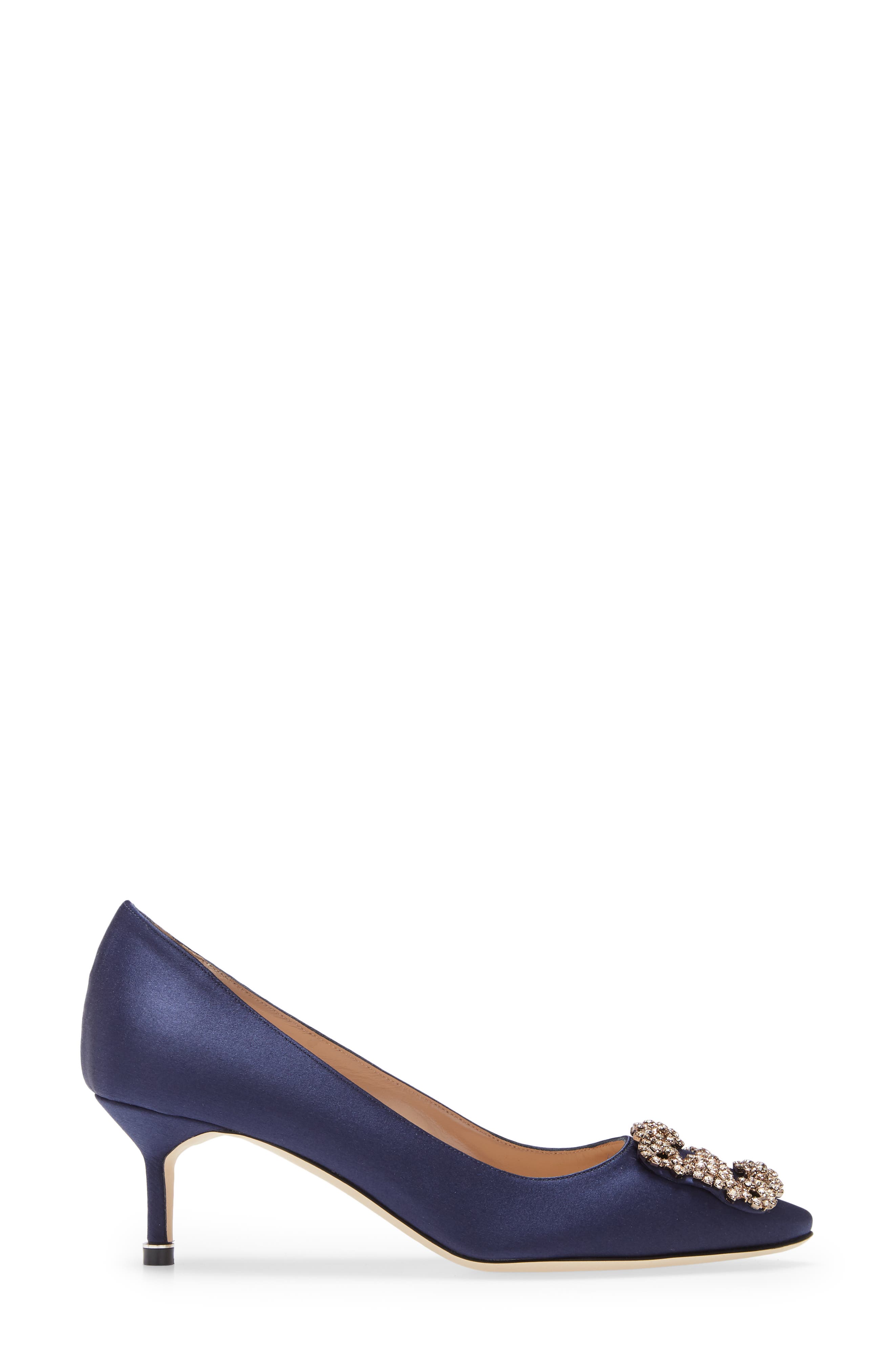 Manolo Blahnik Hangisi Jeweled Kitten Heel Pump, Alternate, color, Navy Satin/ Silk Buckle