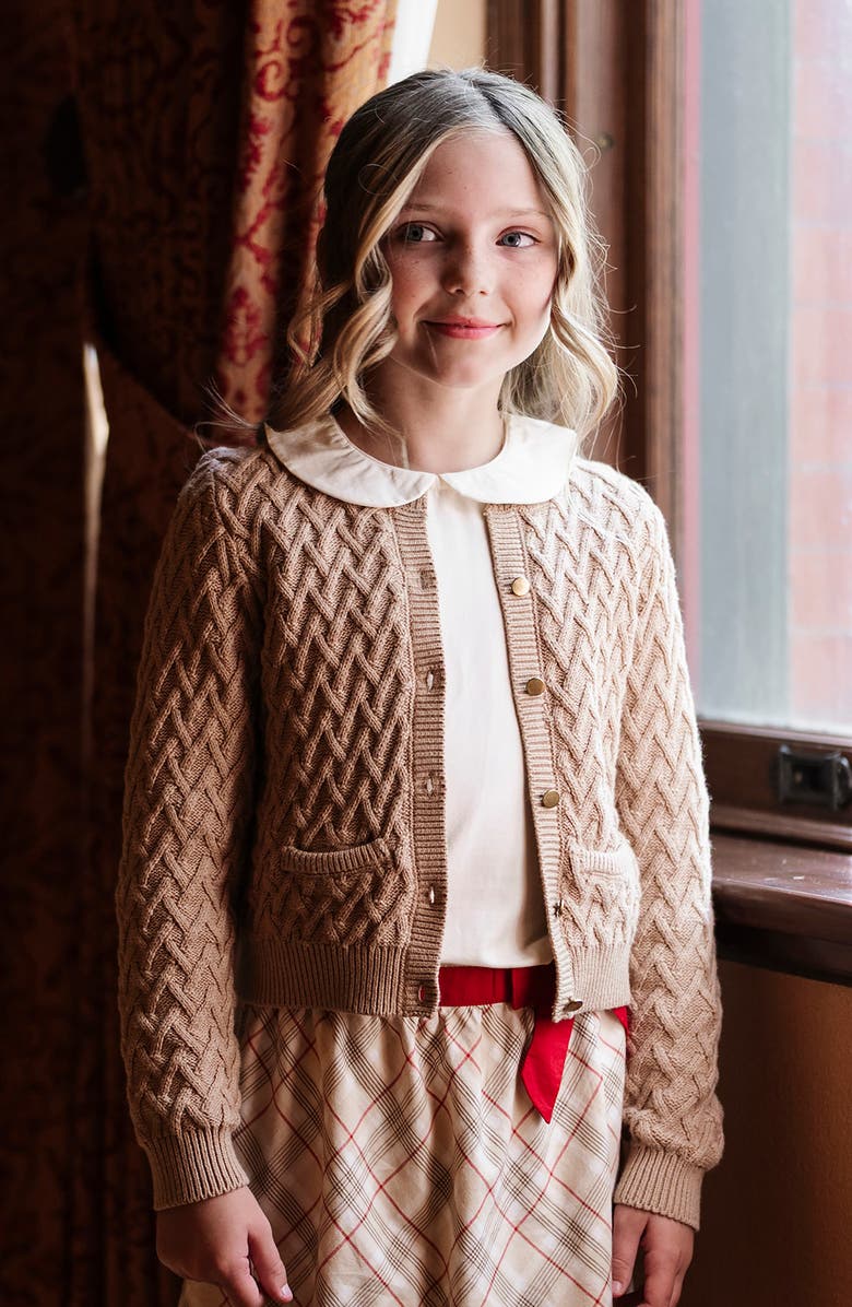 Hope & Henry Kids' Organic Long Sleeve Herringbone Cardigan Sweater, Alternate, color, Camel Heather