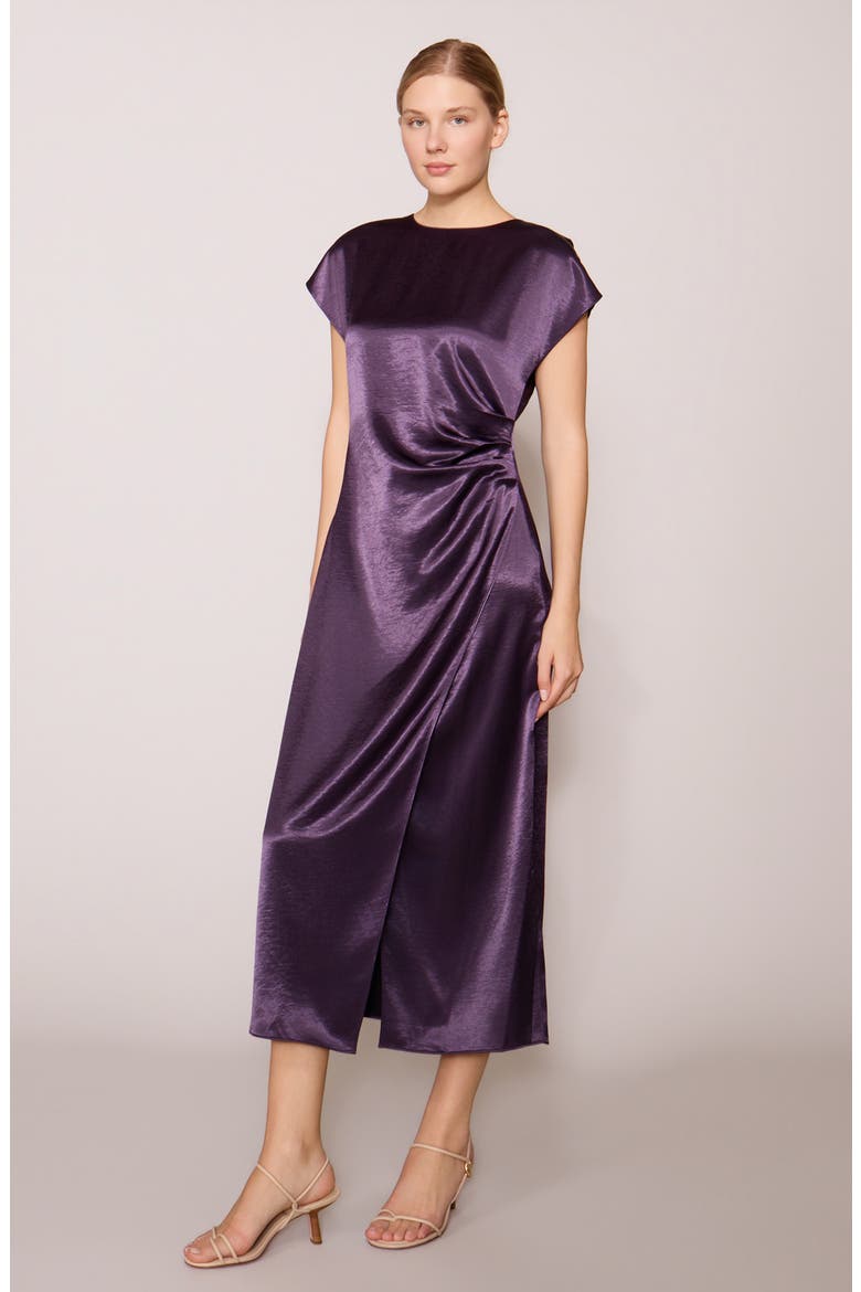 Cap Sleeve Side Cinched Satin Midi Dress, Alternate, color, EGGPLANT