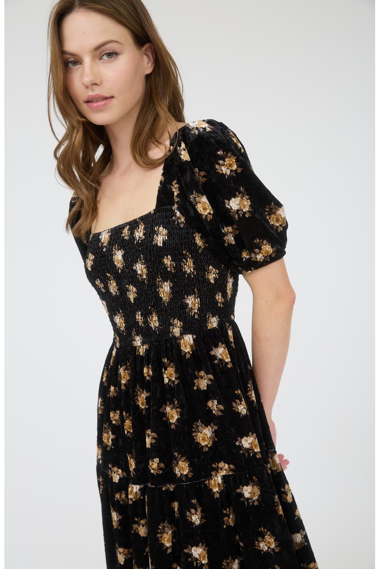 Puff Sleeve Midi Dress, Alternate, color, BLACK MULTI