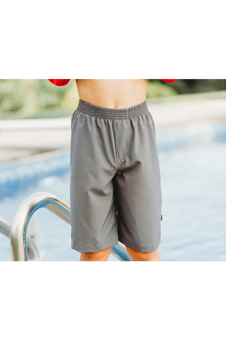 Boys Soft Stretch UPF 50+ Recycled Polyester Below-the-Knee Printed Swim Board Shorts, Alternate, color, Charcoal