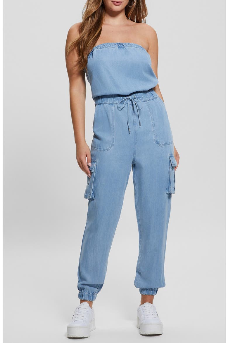 Lucia Strapless Denim Cargo Jumpsuit, Main, color, TAZI
