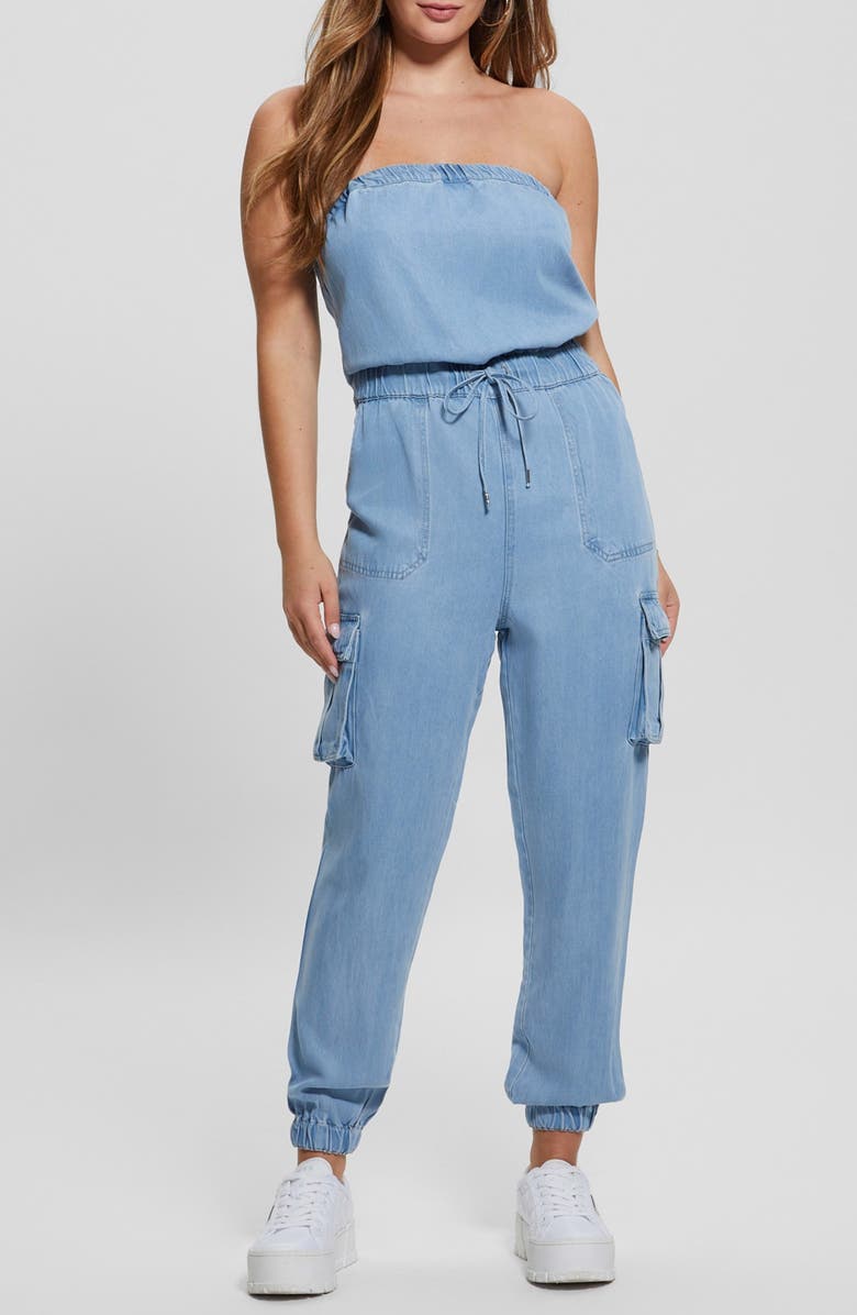 GUESS Lucia Strapless Denim Cargo Jumpsuit, Main, color,