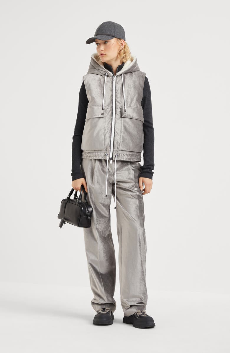 Brunello Cucinelli Cotton and viscose sleek velvet down vest with shiny trims, Alternate, color,