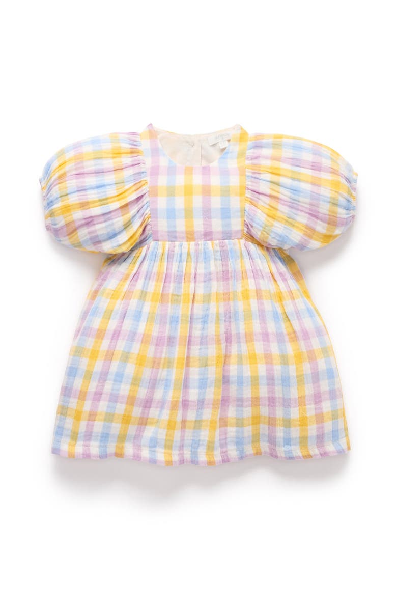 Purebaby Gathered Dress, Main, color, Lila Check