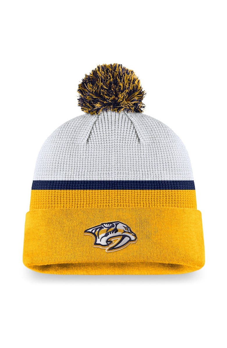 FANATICS Men's Fanatics Branded White/Gold Nashville Predators Authentic Pro Draft Cuffed Knit Hat with Pom, Main, color, 