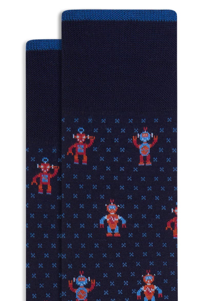 Robot Mercerized Cotton Blend Dress Socks, Alternate, color, NAVY