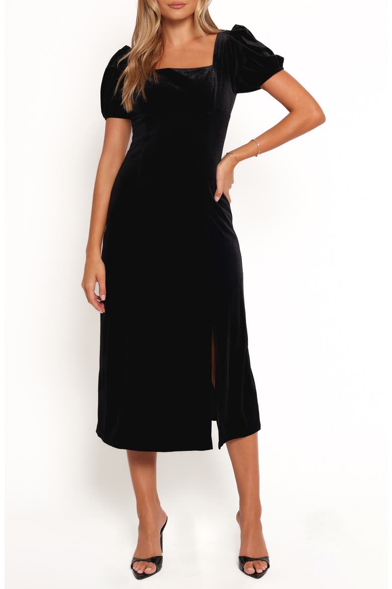velvet puff sleeve midi dress June & Vie Puff Sleeve Stretch-Velvet Midi Dress
