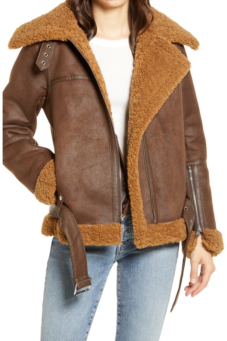 Faux Shearling Moto Jacket, Main, color, BROWN