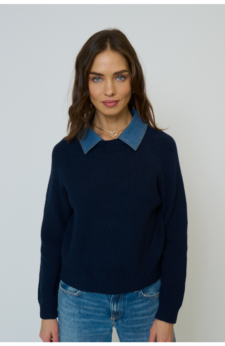 Central Park West Dash Denim Collar Pullover, Main, color, Navy