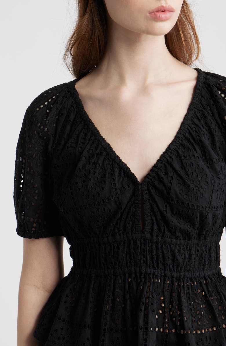 Rails Argenta Cotton Eyelet Peplum Top, Alternate, color, Black Grid Embroidery