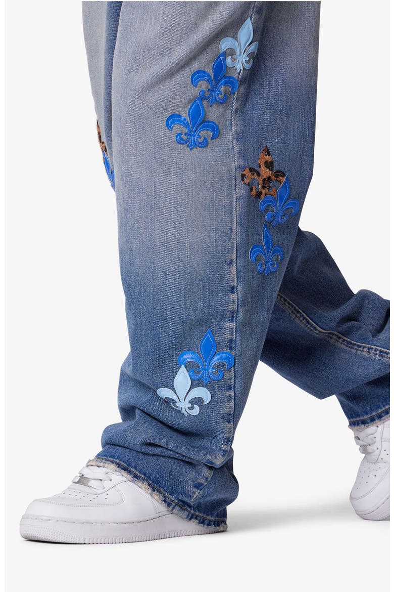 Embroidered Fleurs de Lis Ultra Baggy Jeans, Alternate, color, BLUE