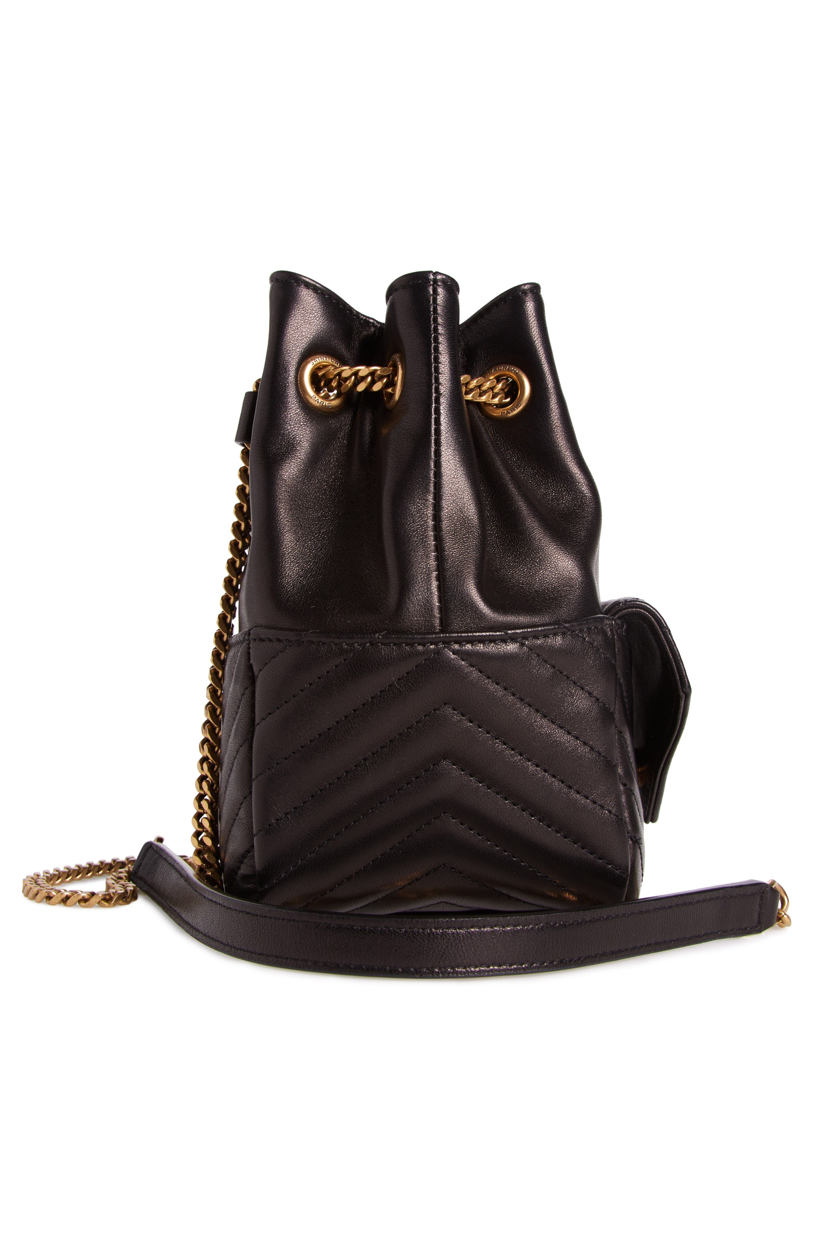 Saint Laurent Mini Joy Matelassé Leather Bucket Bag, Alternate, color, Noir