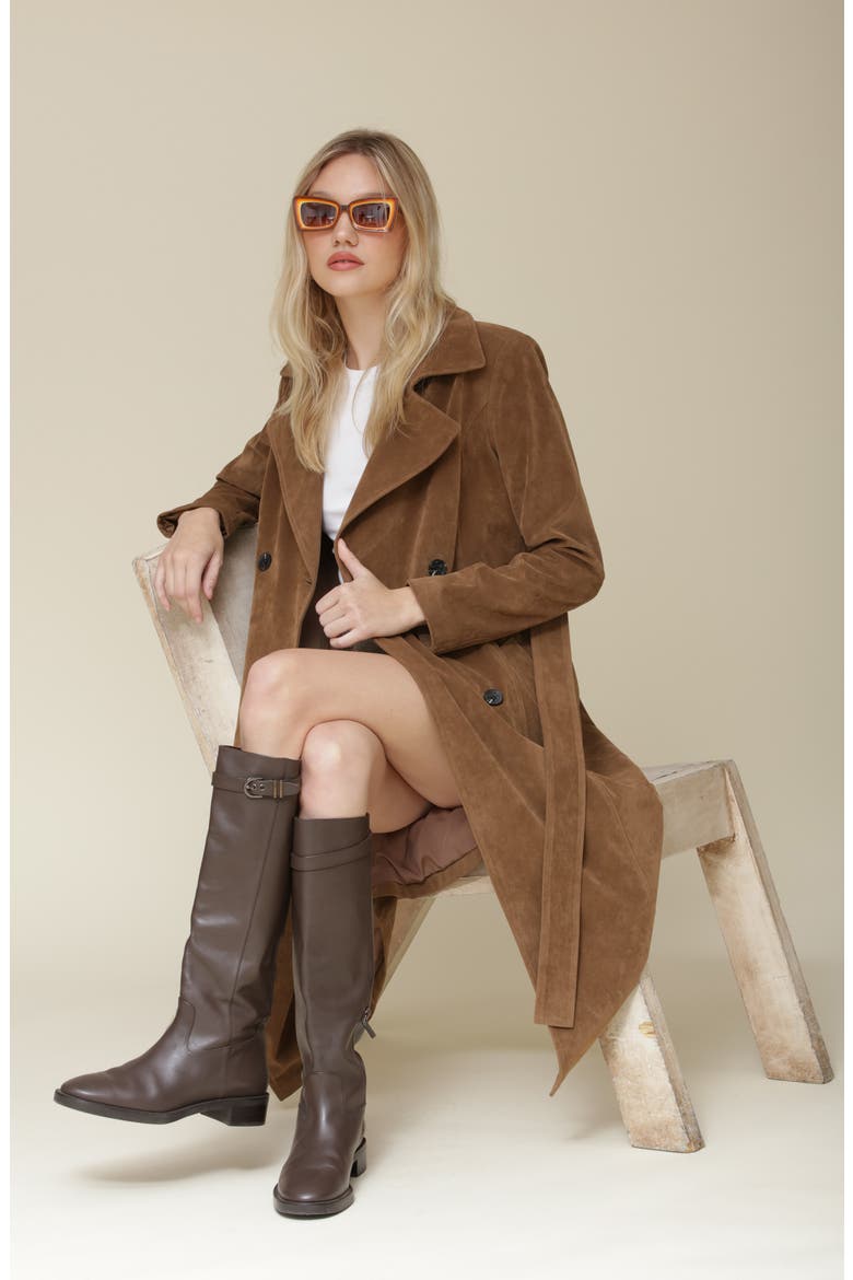 Faux Suede Double Breasted Belted Coat, Alternate, color, WOOD