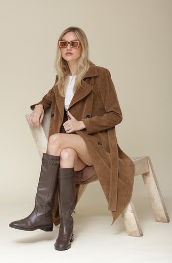 Faux Suede Double Breasted Belted Coat