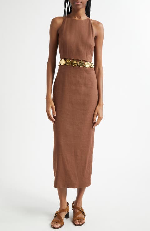 Isla Metallic Detail Linen Blend Sheath Dress