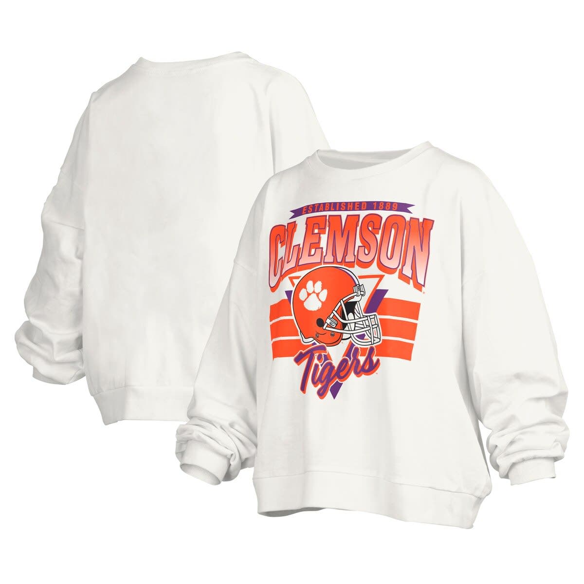 Pressbox White Clemson Tigers Janice Retro Logo Oversized Pullover Sweatshirt