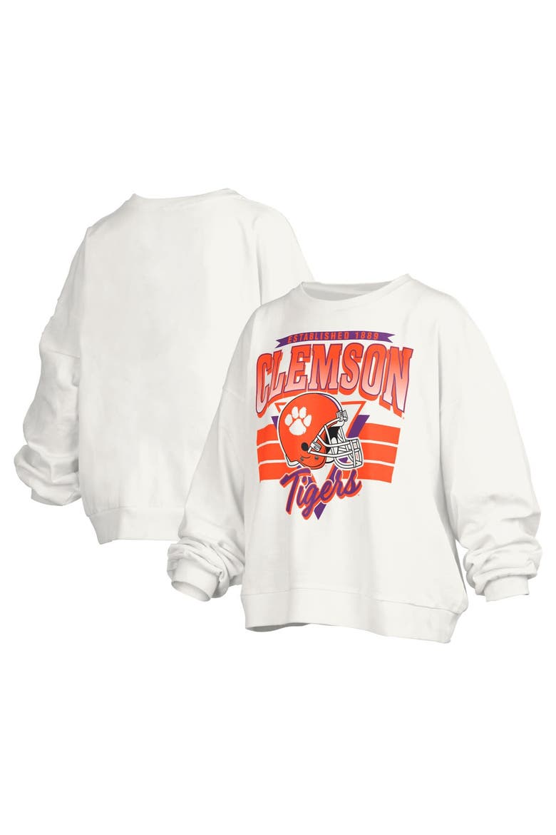 Women's Pressbox White Clemson Tigers Janice Retro Logo Oversized Pullover Sweatshirt, Main, color, White