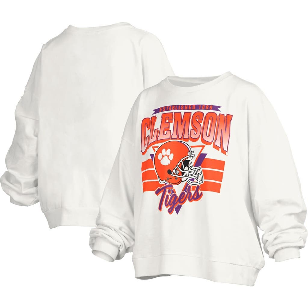 Pressbox White Clemson Tigers Janice Retro Logo Oversized Pullover Sweatshirt