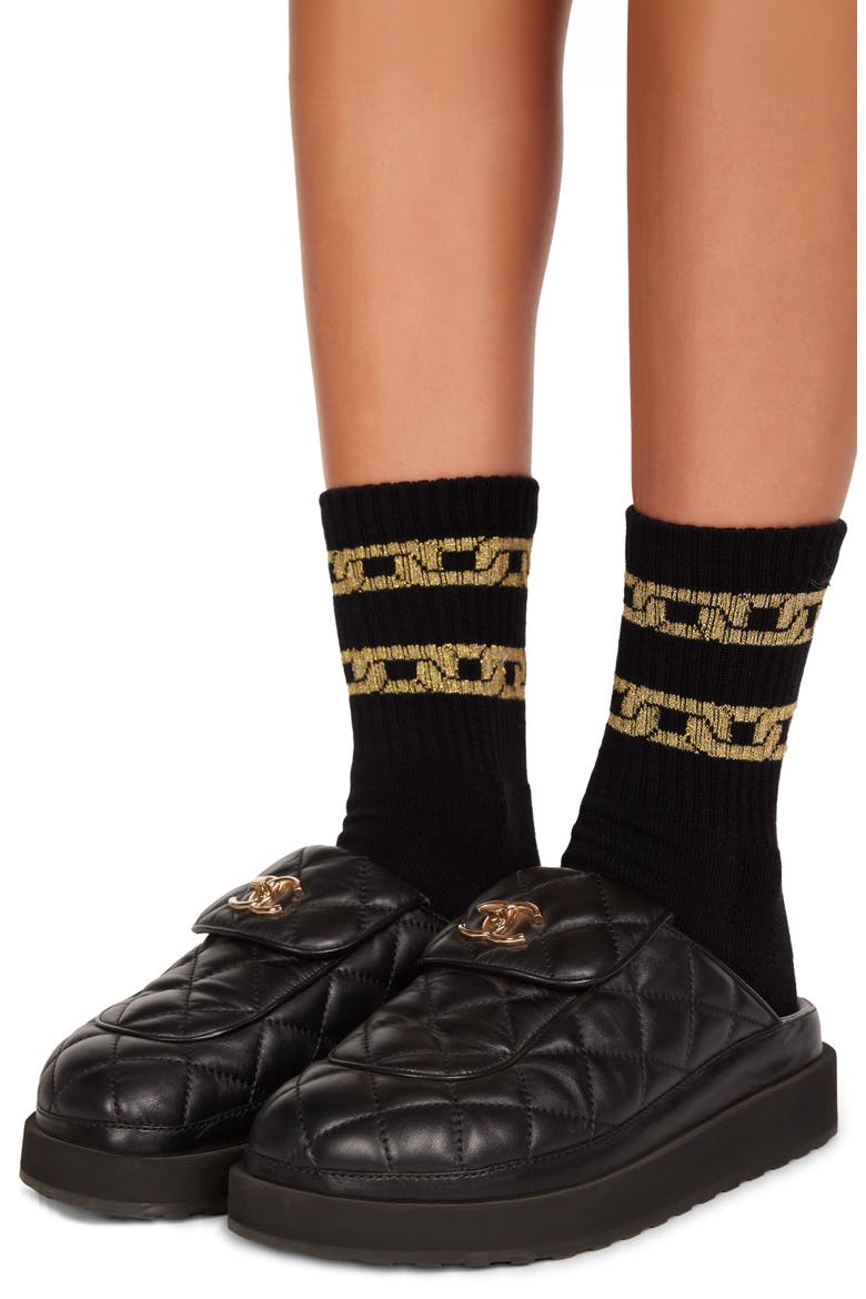 Sariah Gold Metallic Chain Midi Socks, Alternate, color, Black