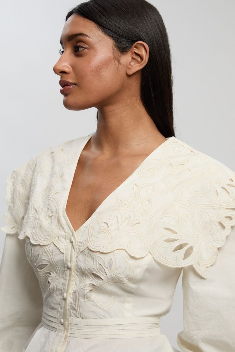 Cutwork Detail V-Neck Peplum Blouse, Alternate, color, Ivory