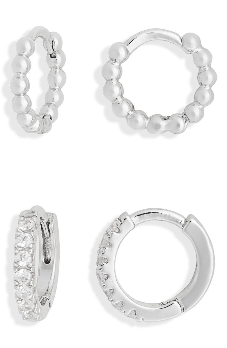 NORDSTROM RACK Demi Fine Set of 2 Huggie Hoop Earrings, Main, color, Clear- Silver