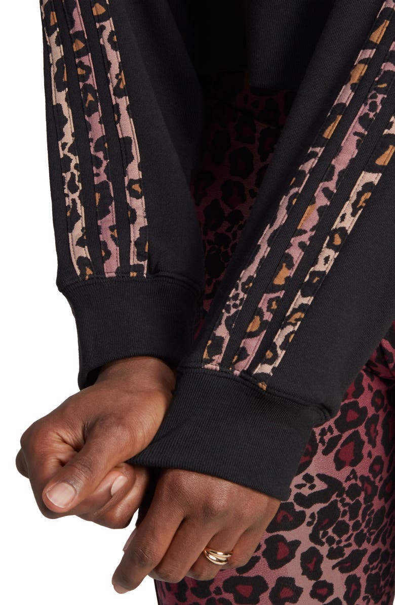 adidas Originals 3-Stripes Leopard Print Crop Cotton Hoodie, Alternate, color, 