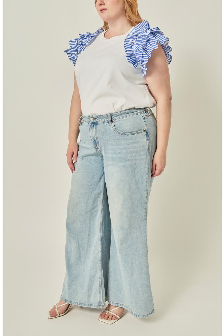 Mixed Media Ruffle Detail T-Shirt, Alternate, color, WHITE/ BLUE STRIPE