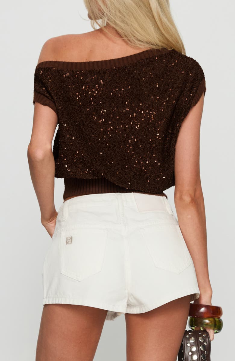 Princess Polly Marysa Sequin Off the Shoulder Blouson Top, Alternate, color, Brown