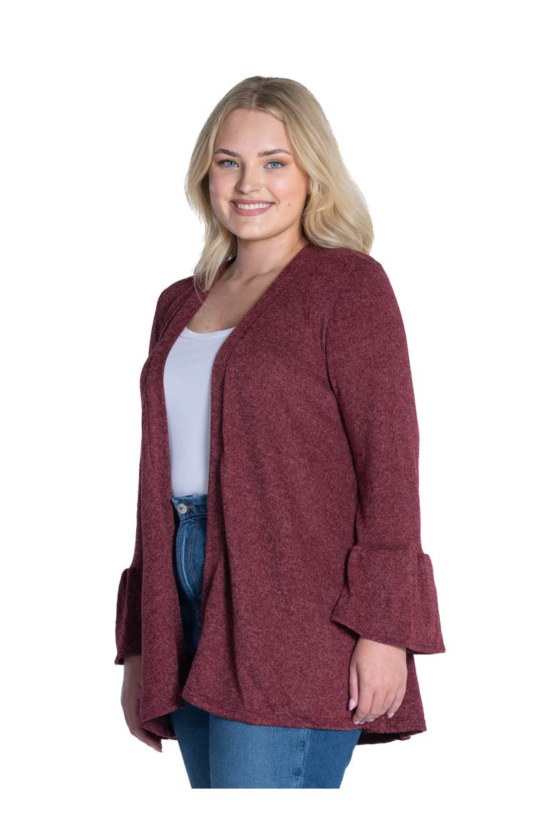 Plus Size Knit Three Quarter Bell Sleeve Open Cardigan, Alternate, color, Wine