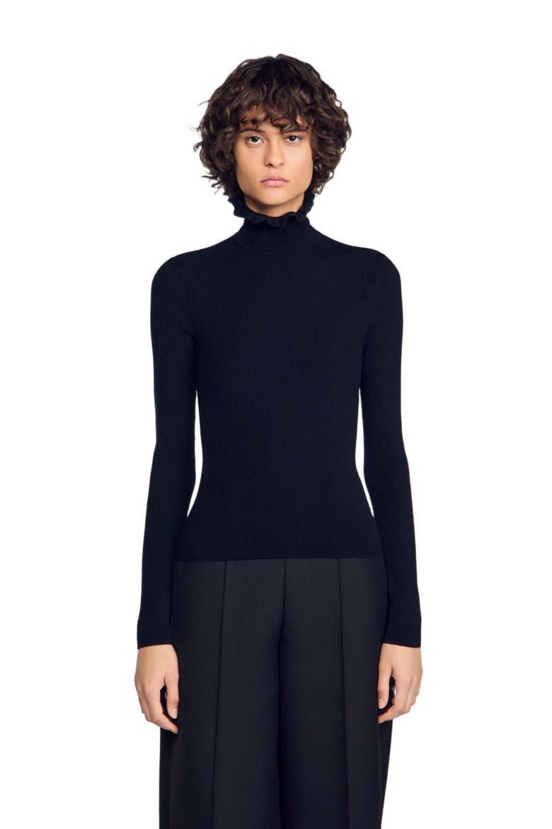 Ruffled roll-neck wool sweater, Alternate, color, Black