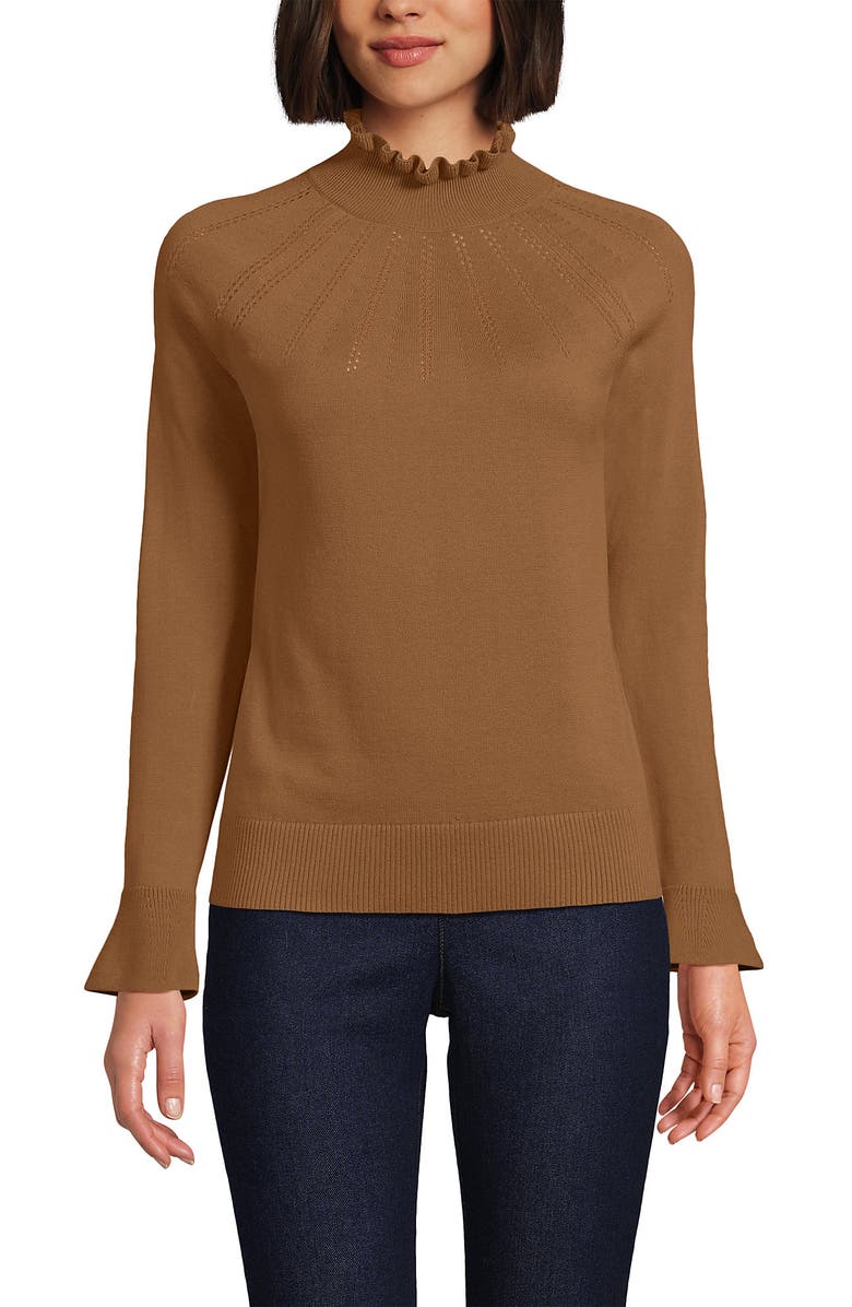 Lands' End Cotton Pointelle Turtleneck Sweater, Main, color, Canyon Camel