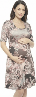 24seven Comfort Apparel Maternity Paisley Scoop Neck Elbow Sleeve Knee Length Skater Dress