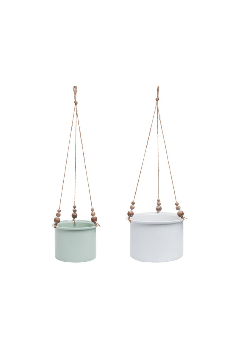 Set of 2 Hanging Planters with Wood Bead Details - Foreside Home & Garden, Main, color, White