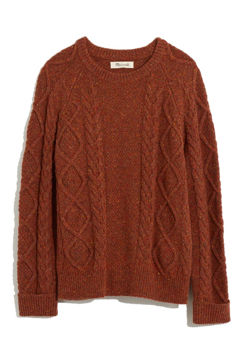 Donegal Cable Knit Fisherman Sweater, Alternate, color, WARM SEPIA DONEGAL