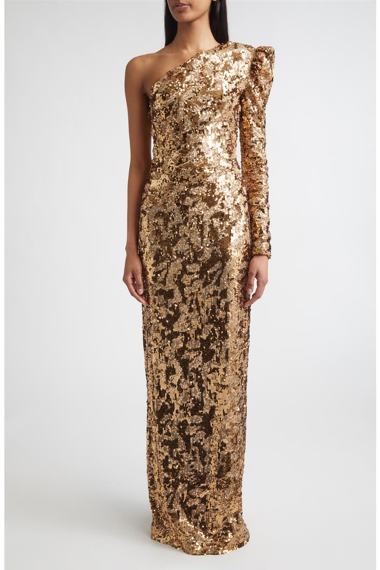 Sabrina Stretch Sequin One Shoulder Long Sleeve Gown, Main, color, COPPER