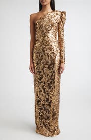 ST. JOHN Sabrina Stretch Sequin One Shoulder Long Sleeve Gown