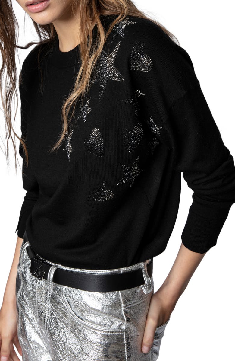 Zadig & Voltaire Gaby We Strass Embellished Merino Wool Sweater, Alternate, color,