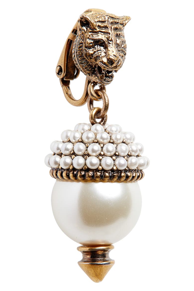 Fashion Show Feline Head Imitation Pearl Drop Earrings, Alternate, color, GOLD/ PEARL