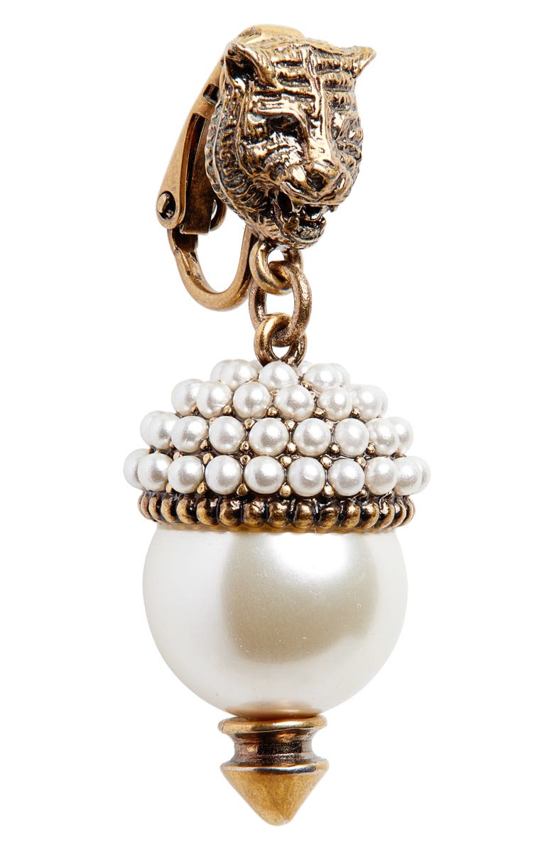 Gucci Fashion Show Feline Head Imitation Pearl Drop Earrings, Alternate, color, 