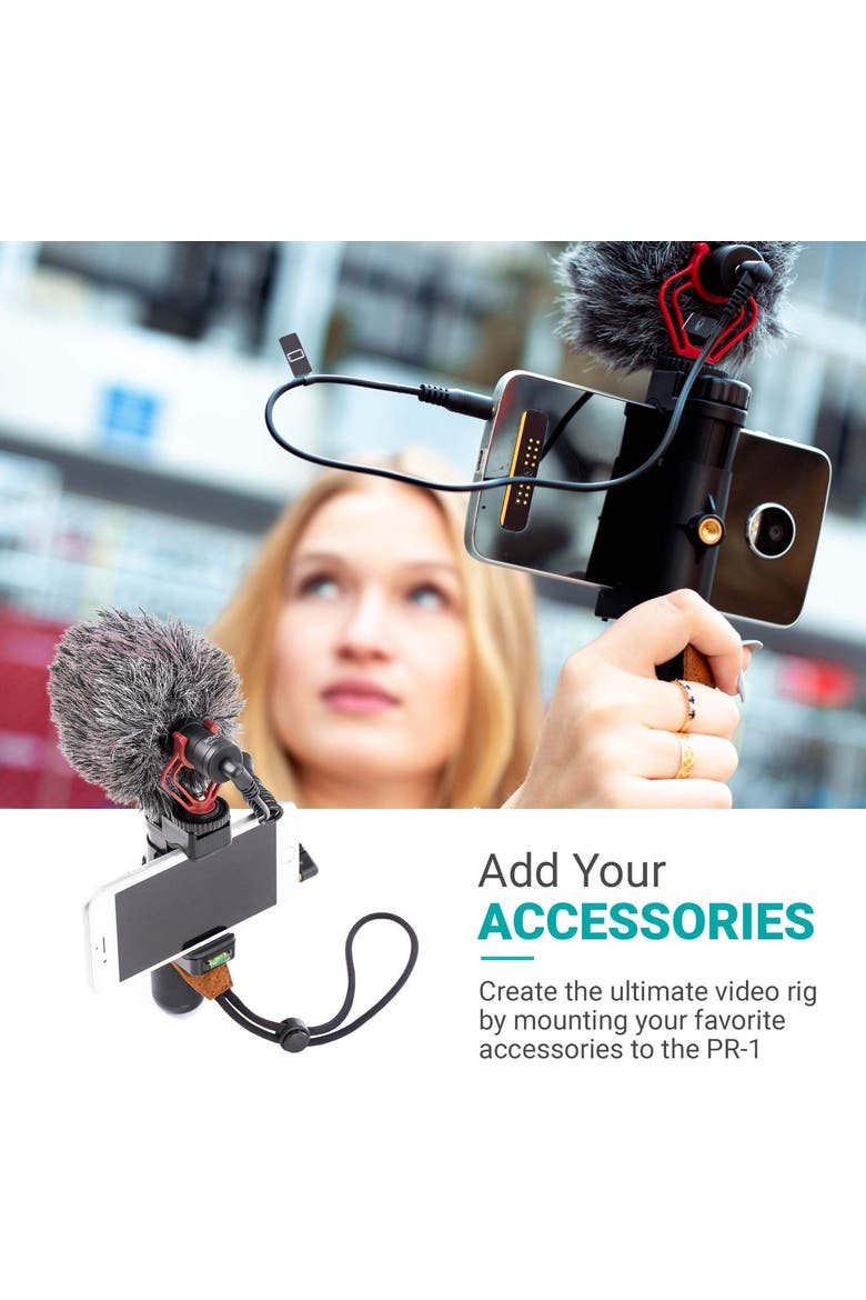 PR-1 Smartphone Grip Handle Rig with Wrist Strap, Tripod Mount and Cold Shoe Mount for Lights and Microphones - for iPhone, Samsung, HTC, LG, Google, Android, Alternate, color, Black