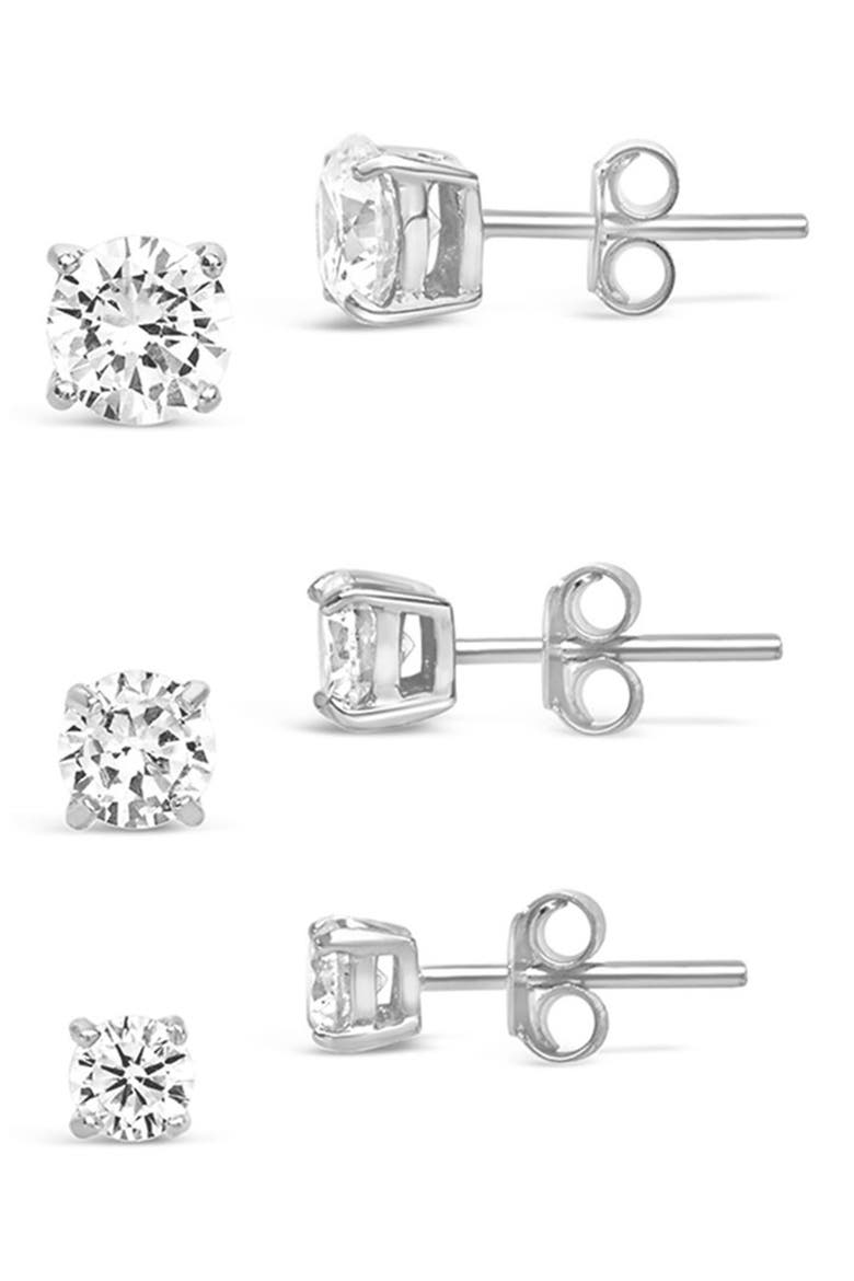 Sterling Silver CZ Stud Earrings - Set of 3, Alternate, color, SILVER