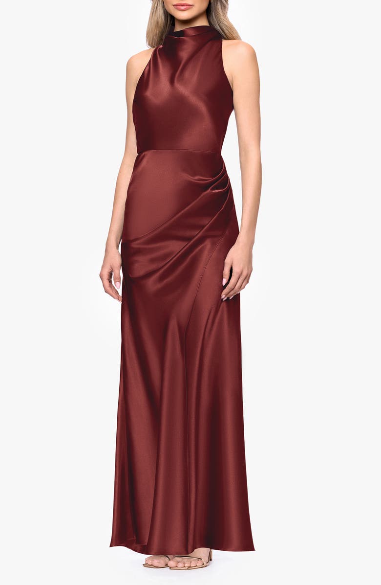Betsy & Adam Ruched Sleeveless Satin Charmeuse Gown, Alternate, color, Nutmeg