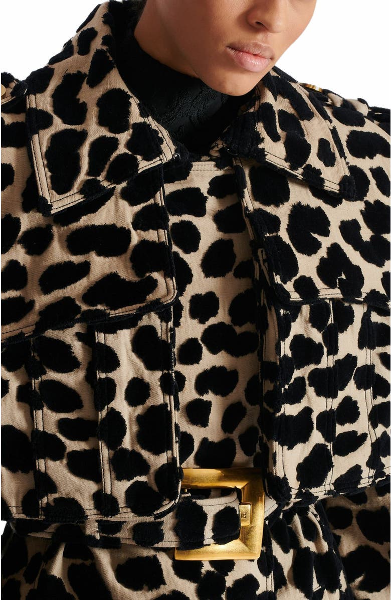 Balmain Leopard Print Jacquard Belted Trench, Alternate, color, Black