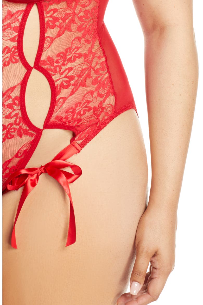 Zara Underwire Open Cup Open Gusset Lace Teddy, Alternate, color, RED