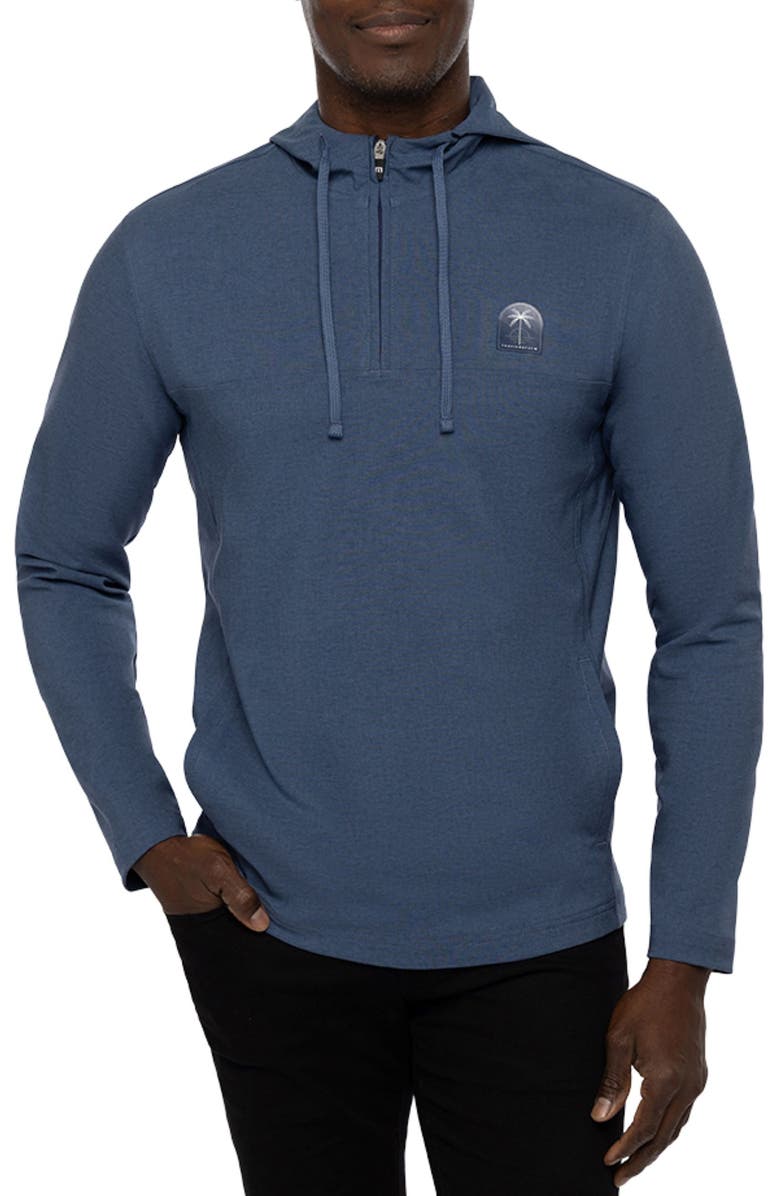 TravisMathew Sip & Savor Logo Patch Half Zip Hoodie, Main, color, Heather Peacoat