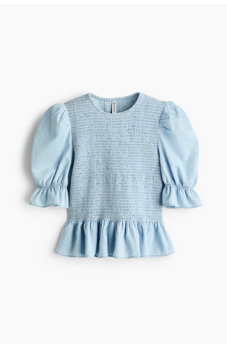 H&M Smocked Denim Blouse, Main, color, Light Blue