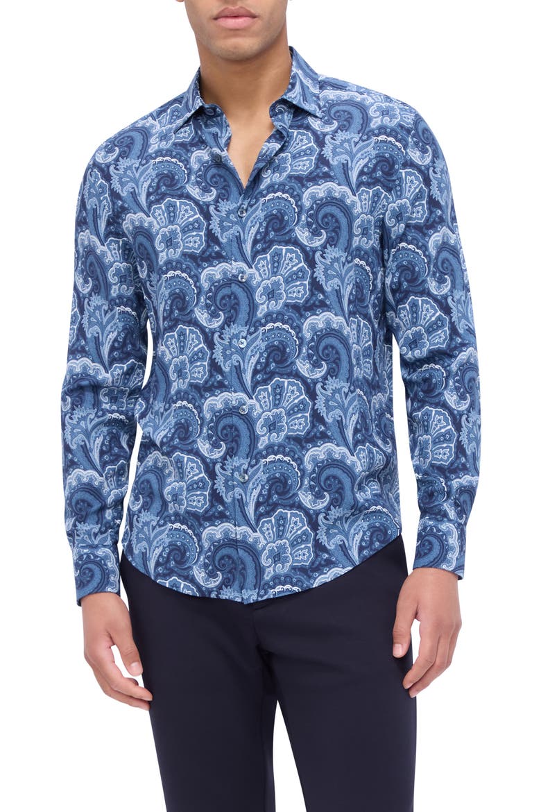 Julian Paisley EcoVero™ Viscose Button-Up Shirt, Main, color, NAVY